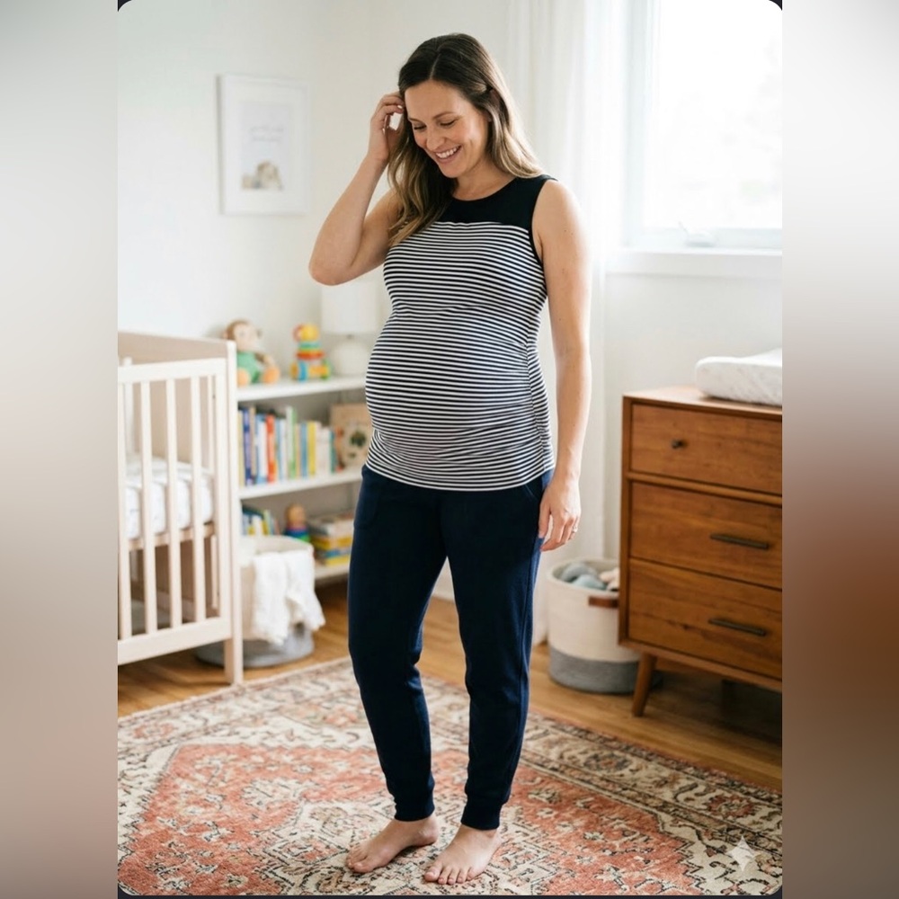Maternity Black and White Striped Sleeveless Top with Solid Yoke